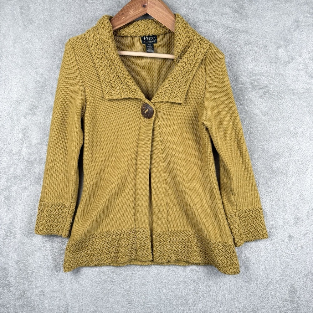 Pure HandKnit Cardigan Sweater Womens S/M Golden Yellow Cozy Chic‎ Grandmacore